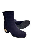Lacivert Hakiki Süet Deri İçi Sıcak Astar Topuklu Bot