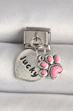 316L Çelik Gümüş Renk Pembe Pati 'lucky' İşlemeli Kalp Model Nomination Charm - TJ-BC1236