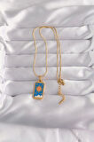 Tegan 316L Çelik Gold Renk Mavi Mineli Güneş Model Tarot Kolye TG27BKO9026