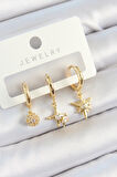 Tegan Pirinç Zirkon Taşlı Yıldız Model Gold Renk 3'lü Çift Kadın Küpe Set TG27BKP10837