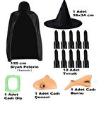 Siyah Kapüşonlu Pelerin 120 Cm Tırnaklar Diş Çene Burun ve Şapka Seti