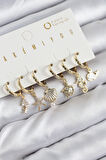Pirinç Zirkon Taşlı İstiridye Balina Ve Yıldız Gold Renk 6'lı Küpe Set - TJ-BKP11203