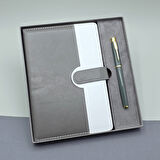 Gri Kutulu Deri Defter Roller Kalem Set