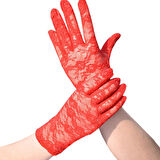 Kırmızı Renk Kısa Dantelli Eldiven