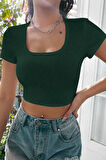 Kadın Yeşil Yarım Kol Düz Yaka Crop Top Bluz