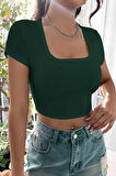 Kadın Yeşil Yarım Kol Düz Yaka Crop Top Bluz
