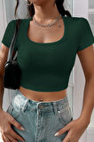 Kadın Yeşil Yarım Kol Düz Yaka Crop Top Bluz