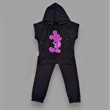 3-4-5 Yaş Kapşonlu Payetli Mickey Desenli Kısa Kol 2li Kız Erkek Çocuk Takımı Siyah