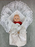Yenidoğan Saray Kadife Taç Nakışlı İnci Fiyonklu Çift Dantel Duvak Trilüks Kundak Bebek Battaniyesi Vizon-ekru