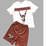 1-2-3 Yaş Fermuarlı Kedi Baskılı Şortlu Kısa Kollu Tişört 2li Erkek Bebek Takımı Kahverengi