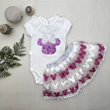 1-2-3 Yaş Payetli Mickey Nakışlı Kısa Kollu Brode Etekli 2li Kız Bebek Takımı Fuşya