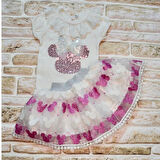 1-2-3 Yaş Payetli Mickey Nakışlı Kısa Kollu Brode Etekli 2li Kız Bebek Takımı Fuşya