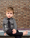 3-4-5 Yaş Kravatlı Keten Gömlek Gabardin Pantolon Uzun Kollu 3lü Erkek Çocuk Takımı Lacivert