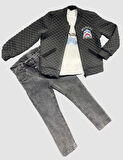4-5-6 Yaş Kot Pantolonlu Pilot Mont Uzun Kollu Penye Sweat 3lü Erkek Çocuk Takımı Füme