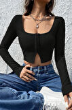 Kadın Siyah Uzun Kollu Agraflı Göğüs Ve Göbek Dekolteli Crop Top Bluz