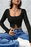 Kadın Siyah Uzun Kollu Agraflı Göğüs Ve Göbek Dekolteli Crop Top Bluz