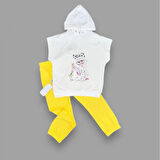 3-4-5 Yaş Kapşonlu Sevimli Kız Baskılı Kısa Kolu 2li Kız Erkek Çocuk Takımı Sarı