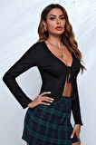 Kadın Siyah Uzun Kollu Önden Bağlama Detaylı Crop Top Bluz