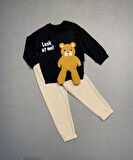 2-3-4 Yaş Ayıcık Sallanan Ayak Desenli Likra Penye Kumaş Sweat Pantolonlu Kız Erkek 2li Çocuk Takımı Siyah