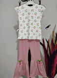1-2-3-4 Yaş Kiraz Baskılı Tişört İspanyol Paçalı Likralı 2li Kız Çocuk Takımı Gül Kurusu