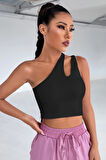 Kadın Siyah Tek Omuz Cut Out Detaylı Crop Top Bluz