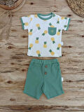 3-6 6-9 9-12 Ay Ananas Baskılı Şort Tişört 2 Li Kız Erkek Bebek Takımı Yeşil
