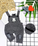 3-6-9-12 Ay Papyonlu Kırçıl Nakış Detaylı Kasket Şapkalı Uzun Kollu 3lü Erkek Bebek Salopet Takımı Gri