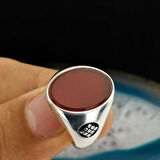 Şık Tasarımlı Oval Kırmızı Akik Taşlı 925 Ayar Gümüş Yüzük