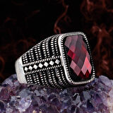 Kırmızı Zirkon Taşlı Faset Kesimli 925 Ayar Gümüş Erkek Yüzük