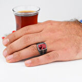 Kırmızı Zirkon Taşlı Faset Kesimli 925 Ayar Gümüş Erkek Yüzük