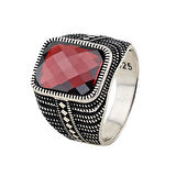 Kırmızı Zirkon Taşlı Faset Kesimli 925 Ayar Gümüş Erkek Yüzük