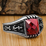 Kırmızı Zirkon Taşlı Denizci Çapa Tasarımlı 925 Ayar Gümüş Yüzük