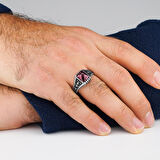 Kırmızı Zirkon Taşlı Denizci Çapa Tasarımlı 925 Ayar Gümüş Yüzük