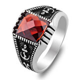 Kırmızı Zirkon Taşlı Denizci Çapa Tasarımlı 925 Ayar Gümüş Yüzük