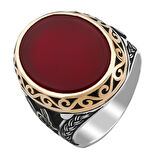 Bordo Akik Taşlı Tuğra Detaylı 925 Ayar Gümüş Yüzük