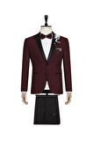 Erkek Bordo Dokulu Yelekli Slim Fit Smokin Damatlık