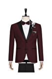 Erkek Bordo Dokulu Yelekli Slim Fit Smokin Damatlık