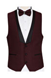 Erkek Bordo Dokulu Yelekli Slim Fit Smokin Damatlık