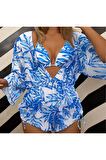 GJOB 2024 Seri Şık Havuz Başı Plaj Seti Deniz 3 Lü Set Medium Çiçekli Bikini Set Mavi