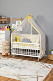 Ahşap Beşik Anne Yanı Beşik Beyaz 60x120 - Sarı Yıldız 3 Yastık Uyku Seti + Yatak + Tekerlekli