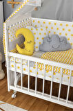 Ahşap Beşik Anne Yanı Beşik Beyaz 60x120 - Sarı Yıldız 3 Yastık Uyku Seti + Yatak + Tekerlekli