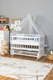 Ahşap Beşik Anne Yanı Beşik Beyaz 60x120 - Mavi Gri Örgü Uyku Seti Seti + Yatak + Tekerlekli