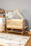 Ahşap Beşik Anne Yanı Beşik (Vernikli) 60x120 - Sarı Yıldız Tek Yastık Uyku Seti + Yatak+Tekerlekli
