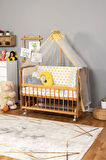Ahşap Beşik Anne Yanı Beşik (Vernikli) 60x120 - Sarı Yıldız 3 Yastık Uyku Seti + Yatak + Tekerlekli