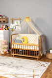 Ahşap Beşik Anne Yanı Beşik (Vernikli) 60x120 - Sarı Yıldız 3 Yastık Uyku Seti + Yatak