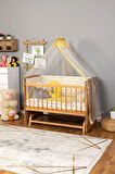 Ahşap Beşik Anne Yanı Beşik (Vernikli) 60x120 - Sarı Yıldız 3 Yastık Uyku Seti + Yatak