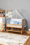 Ahşap Beşik Anne Yanı Beşik (Vernikli) 60x120 - Mavi Nakış Uyku Seti + Yatak + Tekerlekli