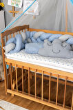Ahşap Beşik Anne Yanı Beşik Vernikli 60x120 - Mavi Gri Örgü Uyku Seti Seti + Yatak