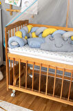 Ahşap Beşik Anne Yanı Beşik Vernikli 60x120 - Mavi Sarı Örgü Uyku Seti Seti + Yatak + Tekerlekli