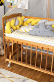 Ahşap Beşik Anne Yanı Beşik Vernikli 60x120 - Sarı Gri Örgü Uyku Seti Seti + Yatak + Tekerlekli